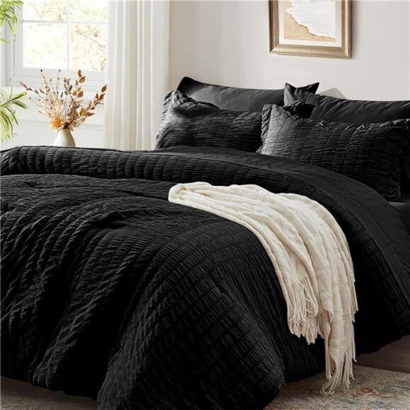 Zzlpp 7-Piece Queen Comforter Set - Light Purple Seersucker Bed In A Bag, All-Season Microfiber Bedding